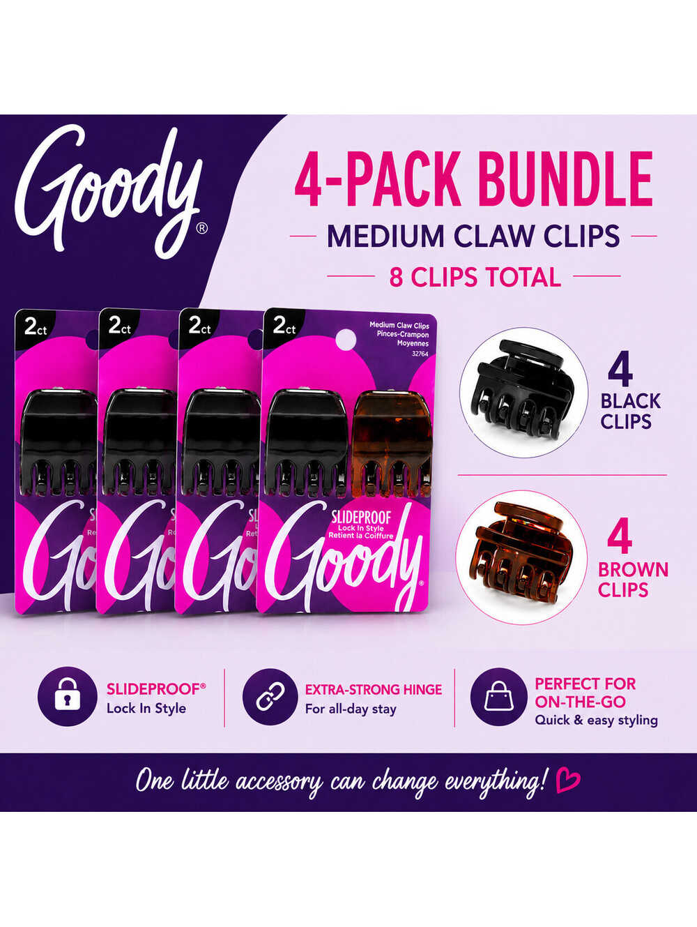 Goody Medium Claw Hair Clips 4-Pack Strong Hold Slideproof Black & Brown Bundle